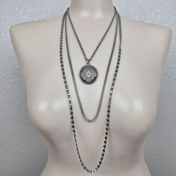 Vtg Triple 3 Strand Necklace Ornate Filigree Pendant Silver Tone Chain Rope Curb - Picture 1 of 12